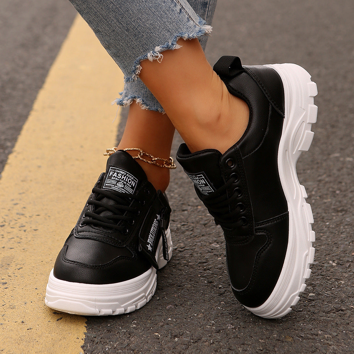 Lace-up Sports Shoes With Side-Zipper